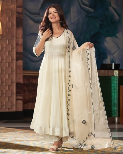 Kalakriti Blue Cream Embroidered Muslin Silk Suit Set